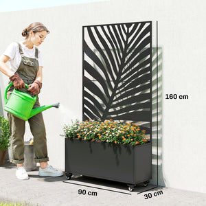 Jardinière avec treillis, bac à fleurs, lit surélevé avec brise-vue et roulettes verrouillables, pour plantes grimpantes, légumes, métal, intérieur et extérieur, 90 x 30 x 160 cm, noir