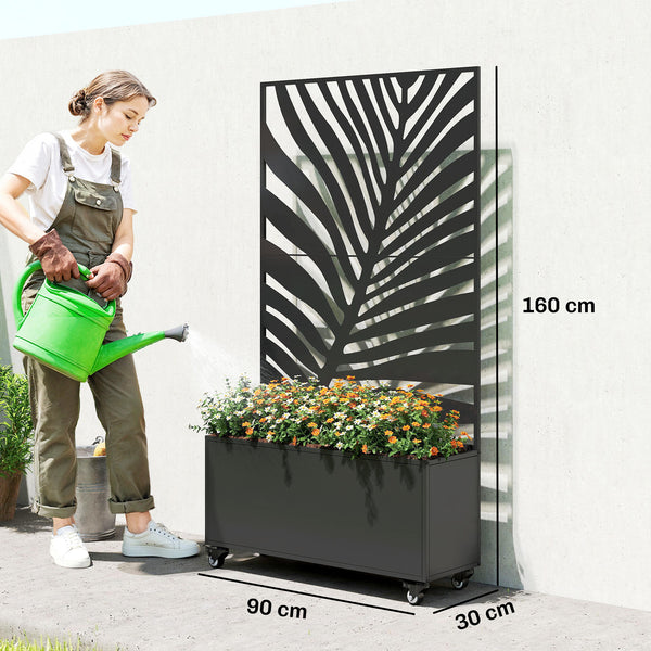 Jardinière avec treillis, bac à fleurs, lit surélevé avec brise-vue et roulettes verrouillables, pour plantes grimpantes, légumes, métal, intérieur et extérieur, 90 x 30 x 160 cm, noir