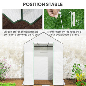 Serre de jardin PE avec étagères 3 niveaux, serre de balcon, bâche renforcée 135 g/m², châssis en acier, porte zippée enroulable, pour légumes plantes fleurs, 143x74x190cm, blanc