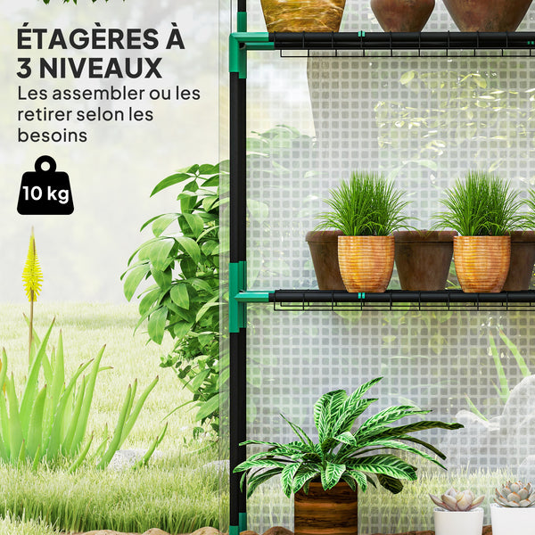 Serre de jardin PE avec étagères 3 niveaux, serre de balcon, bâche renforcée 135 g/m², châssis en acier, porte zippée enroulable, pour légumes plantes fleurs, 143x74x190cm, blanc