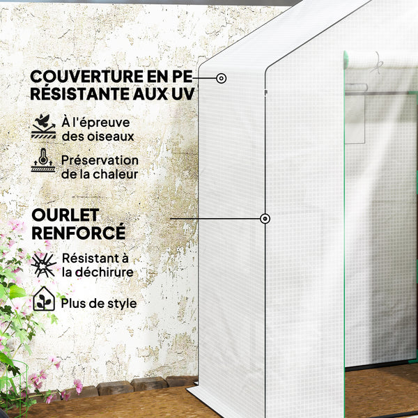 Serre de jardin PE avec étagères 3 niveaux, serre de balcon, bâche renforcée 135 g/m², châssis en acier, porte zippée enroulable, pour légumes plantes fleurs, 143x74x190cm, blanc