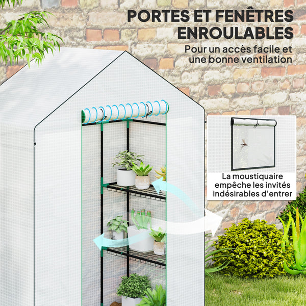 Serre de jardin PE avec étagères 3 niveaux, serre de balcon, bâche renforcée 135 g/m², châssis en acier, porte zippée enroulable, pour légumes plantes fleurs, 143x74x190cm, blanc