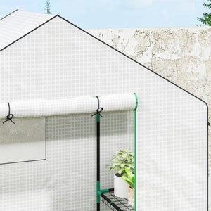 Serre de jardin PE avec étagères 3 niveaux, serre de balcon, bâche renforcée 135 g/m², châssis en acier, porte zippée enroulable, pour légumes plantes fleurs, 143x74x190cm, blanc