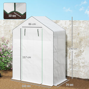 Serre de jardin PE avec étagères 3 niveaux, serre de balcon, bâche renforcée 135 g/m², châssis en acier, porte zippée enroulable, pour légumes plantes fleurs, 143x74x190cm, blanc