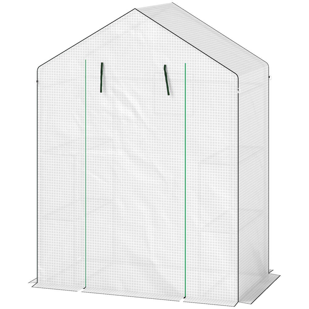Serre de jardin PE avec étagères 3 niveaux, serre de balcon, bâche renforcée 135 g/m², châssis en acier, porte zippée enroulable, pour légumes plantes fleurs, 143x74x190cm, blanc