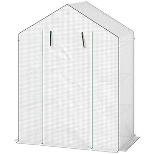 Serre de jardin PE avec étagères 3 niveaux, serre de balcon, bâche renforcée 135 g/m², châssis en acier, porte zippée enroulable, pour légumes plantes fleurs, 143x74x190cm, blanc