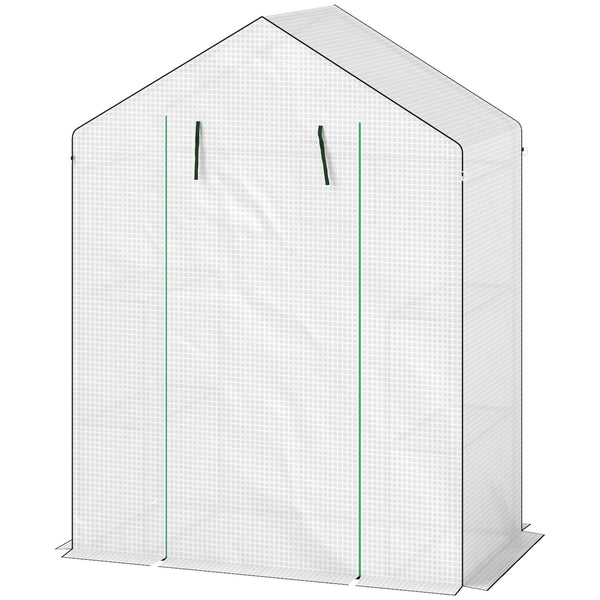 Serre de jardin PE avec étagères 3 niveaux, serre de balcon, bâche renforcée 135 g/m², châssis en acier, porte zippée enroulable, pour légumes plantes fleurs, 143x74x190cm, blanc