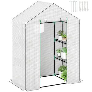 Serre de jardin PE avec étagères 3 niveaux, serre de balcon, bâche renforcée 135 g/m², châssis en acier, porte zippée enroulable, pour légumes plantes fleurs, 143x74x190cm, blanc