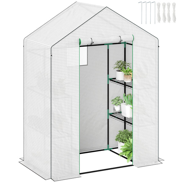 Serre de jardin PE avec étagères 3 niveaux, serre de balcon, bâche renforcée 135 g/m², châssis en acier, porte zippée enroulable, pour légumes plantes fleurs, 143x74x190cm, blanc
