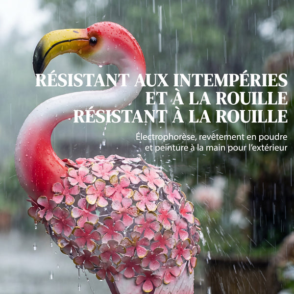 Statue de Jardin Flamant Rose, Sculpture d'Oiseau en Métal avec Plumes Florales, Décoration Extérieure avec Piquets de Fixation pour Jardin, Terrasse ou Paysage, Rouge