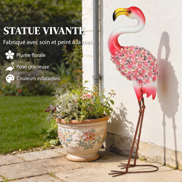 Statue de Jardin Flamant Rose, Sculpture d'Oiseau en Métal avec Plumes Florales, Décoration Extérieure avec Piquets de Fixation pour Jardin, Terrasse ou Paysage, Rouge