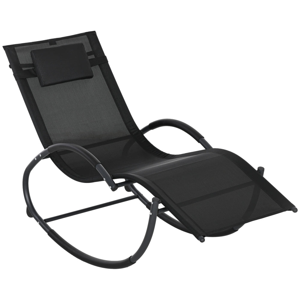 Chaise longue à bascule, transat de jardin ergonomique, bain de soleil, avec tétière, rocking chair, textilène, utilisation extérieure intérieure, noir