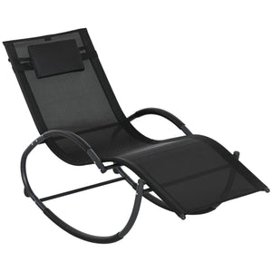 Chaise longue à bascule, transat de jardin ergonomique, bain de soleil, avec tétière, rocking chair, textilène, utilisation extérieure intérieure, noir