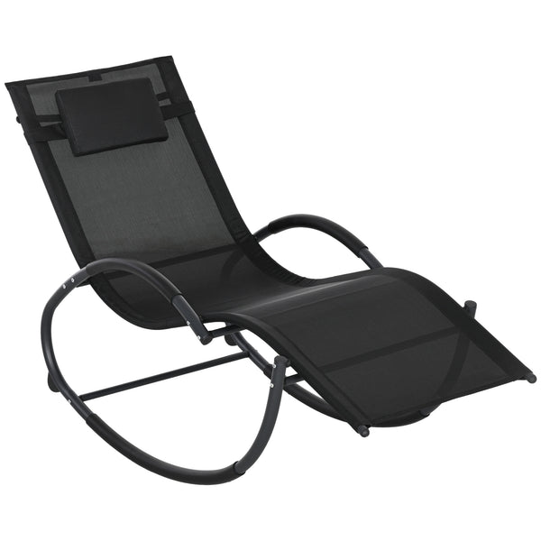 Chaise longue à bascule, transat de jardin ergonomique, bain de soleil, avec tétière, rocking chair, textilène, utilisation extérieure intérieure, noir