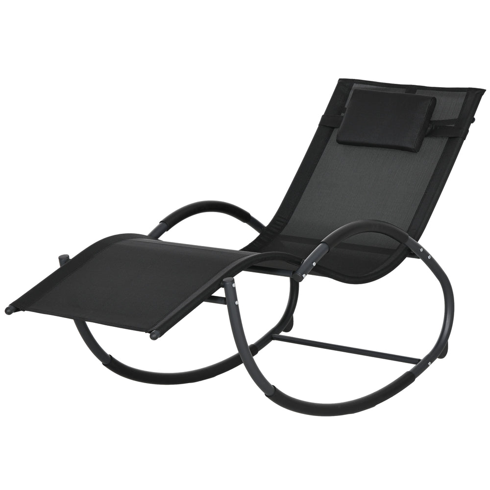 Chaise longue à bascule, transat de jardin ergonomique, bain de soleil, avec tétière, rocking chair, textilène, utilisation extérieure intérieure, noir