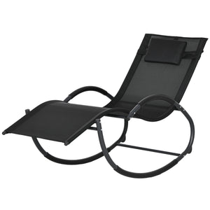 Chaise longue à bascule, transat de jardin ergonomique, bain de soleil, avec tétière, rocking chair, textilène, utilisation extérieure intérieure, noir