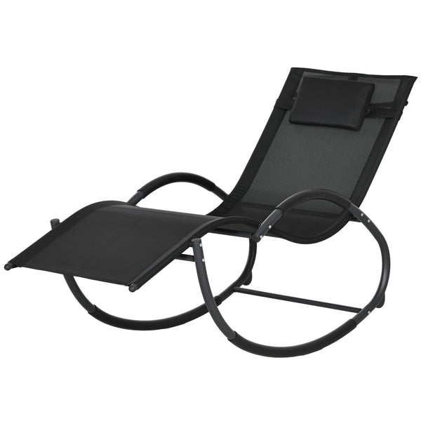 Chaise longue à bascule, transat de jardin ergonomique, bain de soleil, avec tétière, rocking chair, textilène, utilisation extérieure intérieure, noir