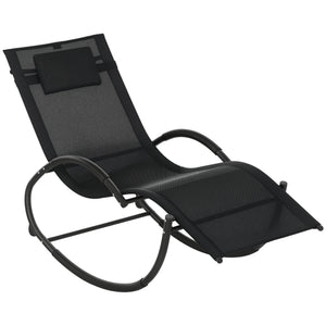 Chaise longue à bascule, transat de jardin ergonomique, bain de soleil, avec tétière, rocking chair, textilène, utilisation extérieure intérieure, noir