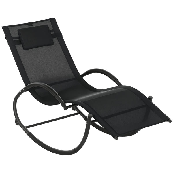 Chaise longue à bascule, transat de jardin ergonomique, bain de soleil, avec tétière, rocking chair, textilène, utilisation extérieure intérieure, noir