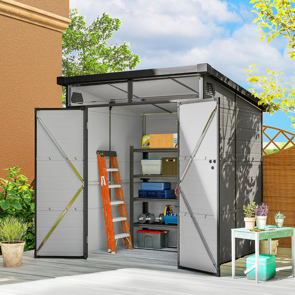 Abri de jardin en polypropylène 3,24 m², cabane de jardin 190 x 191 x 215 cm, cabanon rangement outils avec fenêtres, 2 évents, double porte verrouillable, gris clair
