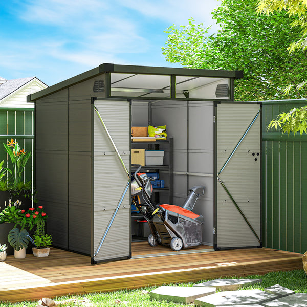 Abri de jardin en polypropylène 3,24 m², cabane de jardin 190 x 191 x 215 cm, cabanon rangement outils avec fenêtres, 2 évents, double porte verrouillable, gris clair