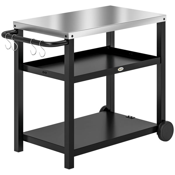 Desserte plancha extérieure avec plan de travail en acier inoxydable, chariot de barbecue avec étagères, desserte de jardin avec crochets, porte-serviettes, 2 roues, 102x50x81cm, gris charbon