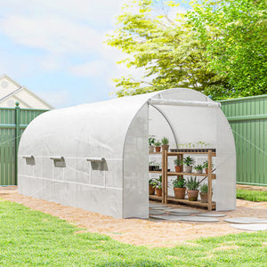 Serre tunnel de jardin 9m², serre de jardin tunnel 445x200x200cm avec porte et 6 fenêtres, pour extérieur, toutes saisons, légumes, fruits, fleurs, bâche PE haute densité 140 g/m² blanc