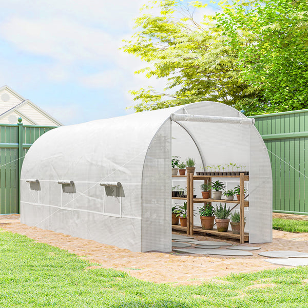 Serre tunnel de jardin 9m², serre de jardin tunnel 445x200x200cm avec porte et 6 fenêtres, pour extérieur, toutes saisons, légumes, fruits, fleurs, bâche PE haute densité 140 g/m² blanc