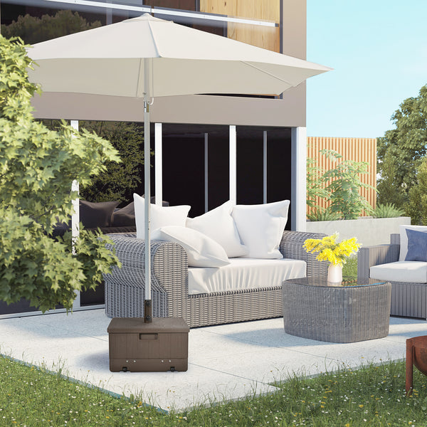 Pied de parasol base de lestage table d'appoint jardinière avec drainage roulettes et poignées PE et métal dim. 53L x 53l x 47H cm marron