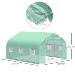 Serre Tunnel de Jardin 10,5 m² dim. 3,5L x 3l x 2H m Porte + 6 fenêtres enroulables Acier galvanisé bâche PE Haute densité Vert