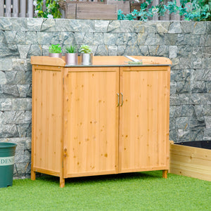 Armoire de jardin sur pied table de rempotage 2 en 1 - table de jardinage double porte, étagère, plateau tôle acier galvanisé - table de plantation bois de cèdre pré-huilé