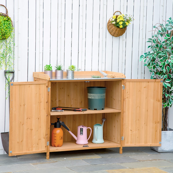 Armoire de jardin sur pied table de rempotage 2 en 1 - table de jardinage double porte, étagère, plateau tôle acier galvanisé - table de plantation bois de cèdre pré-huilé