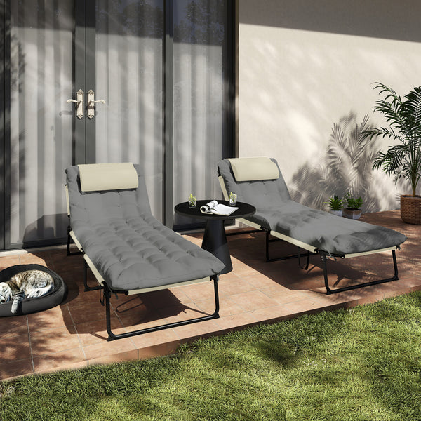 Lot de 2 transats bains de soleil pliable avec dossier inclinable 4 positions - appui-tête et Matelas épais ultra confortable - tissu textilène et acier, crème