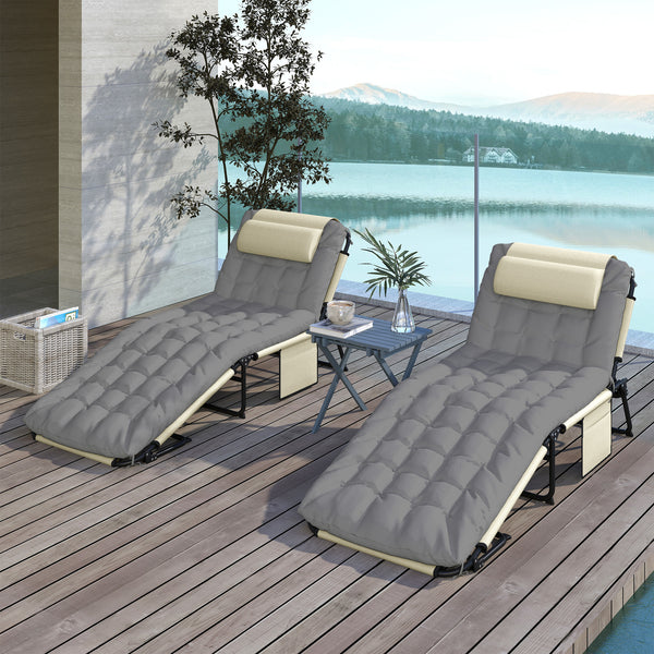 Lot de 2 transats bains de soleil pliable avec dossier inclinable 4 positions - appui-tête et Matelas épais ultra confortable - tissu textilène et acier, crème