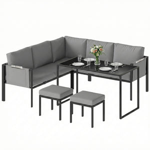 Salon de Jardin 6 Pièces Canapé d'Angle Extérieur - Ensemble Meuble de Jardin avec Coussins 10cm, Table Haute et 2 Repose-pieds - Mobilier de Terrasse 7 Personnes Acier et Textilène, Gris