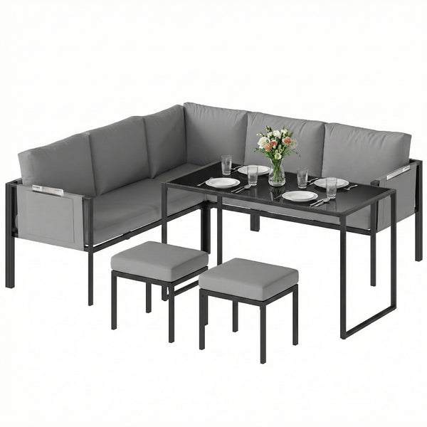 Salon de Jardin 6 Pièces Canapé d'Angle Extérieur - Ensemble Meuble de Jardin avec Coussins 10cm, Table Haute et 2 Repose-pieds - Mobilier de Terrasse 7 Personnes Acier et Textilène, Gris