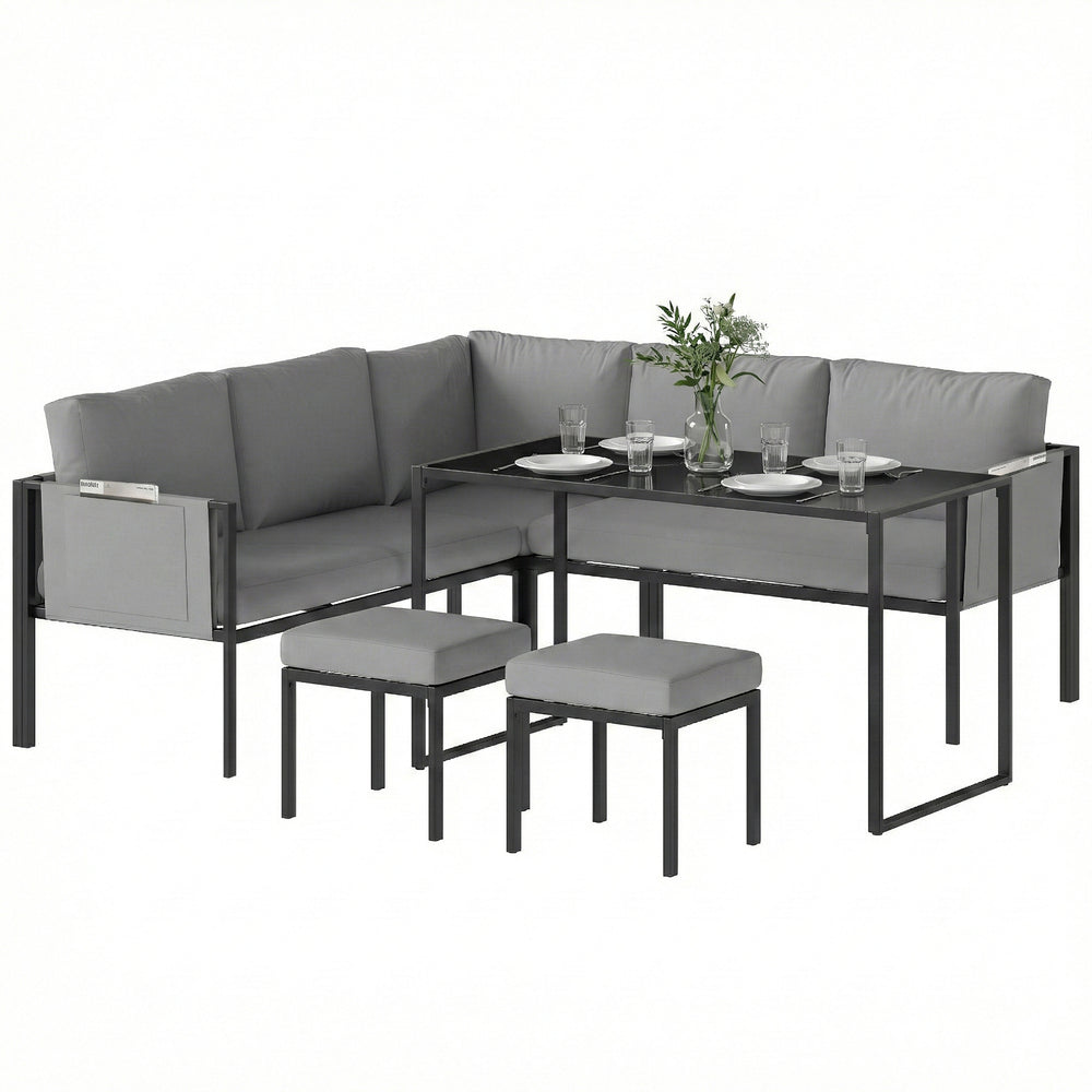 Salon de Jardin 6 Pièces Canapé d'Angle Extérieur - Ensemble Meuble de Jardin avec Coussins 10cm, Table Haute et 2 Repose-pieds - Mobilier de Terrasse 7 Personnes Acier et Textilène, Gris