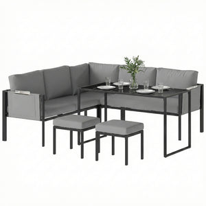 Salon de Jardin 6 Pièces Canapé d'Angle Extérieur - Ensemble Meuble de Jardin avec Coussins 10cm, Table Haute et 2 Repose-pieds - Mobilier de Terrasse 7 Personnes Acier et Textilène, Gris