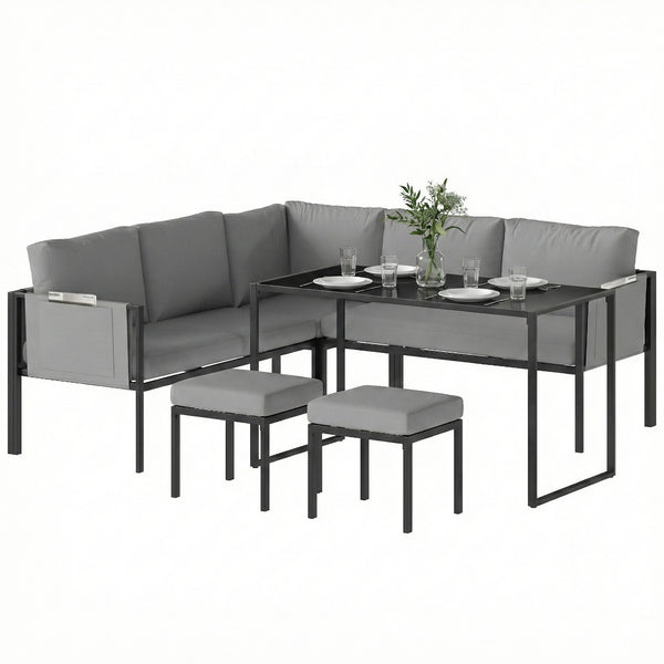 Salon de Jardin 6 Pièces Canapé d'Angle Extérieur - Ensemble Meuble de Jardin avec Coussins 10cm, Table Haute et 2 Repose-pieds - Mobilier de Terrasse 7 Personnes Acier et Textilène, Gris