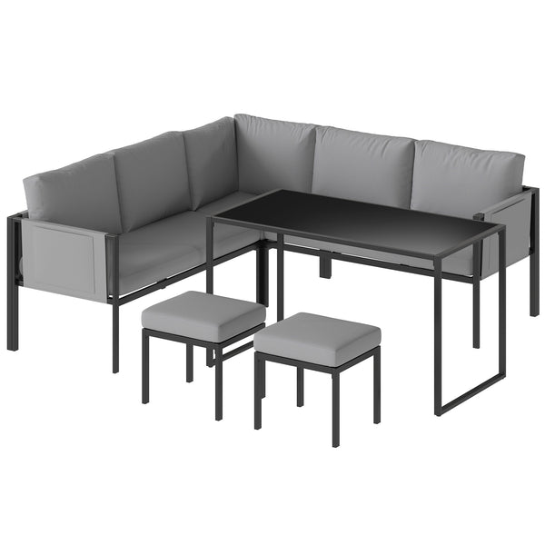Salon de Jardin 6 Pièces Canapé d'Angle Extérieur - Ensemble Meuble de Jardin avec Coussins 10cm, Table Haute et 2 Repose-pieds - Mobilier de Terrasse 7 Personnes Acier et Textilène, Gris