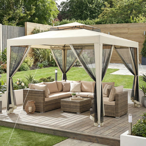 Tonnelle barnum de jardin 3L x 3l m avec 4 moustiquaires amovibles - double toit - beige