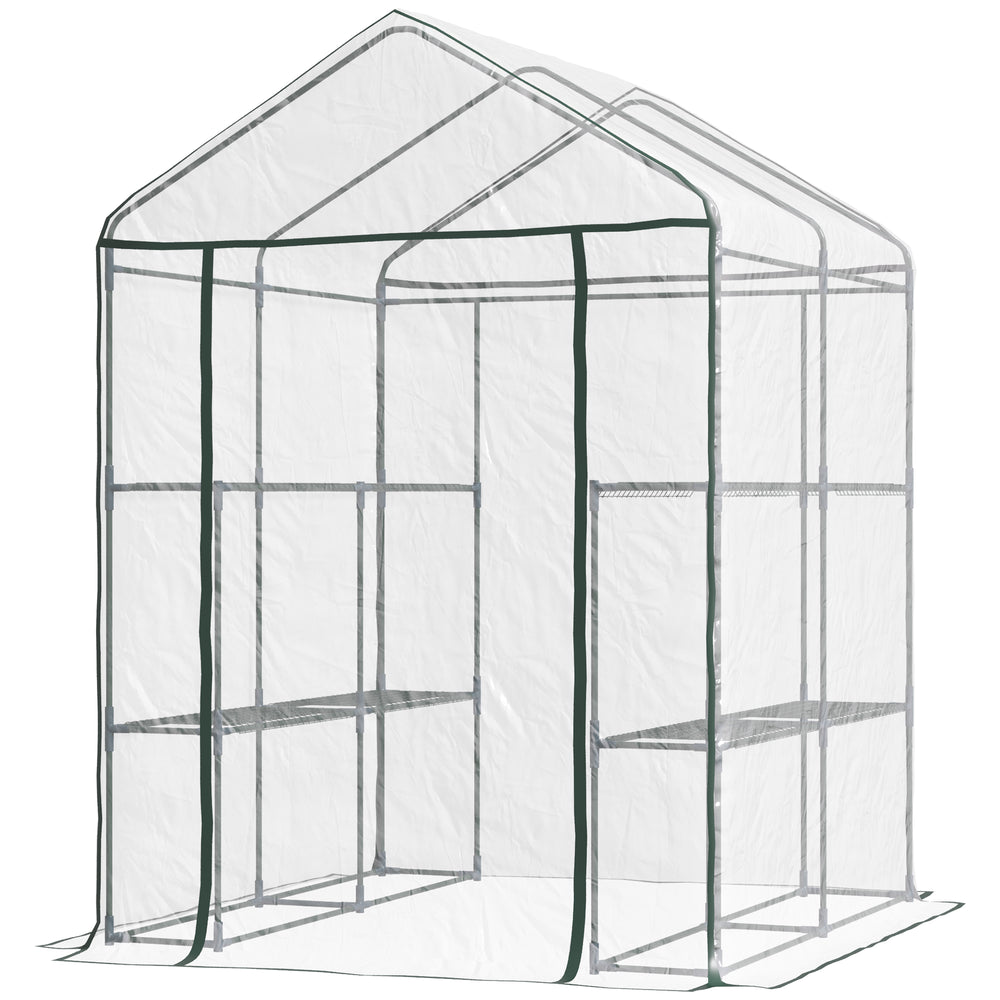 Serre de jardin avec étagères 3 niveaux, serre de balcon, châssis en acier, porte zippée enroulable, pour légumes plantes fleurs, intérieur et extérieur, 143x143x195cm, transparent