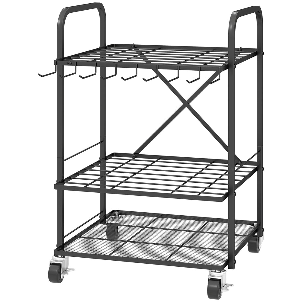 Organisateur d'outils de jardin avec 9 crochets, support à outils de jardin 40 compartiments, porte-outils de garage en métal sur roulettes pour sécateurs, pelles, râteaux, noir