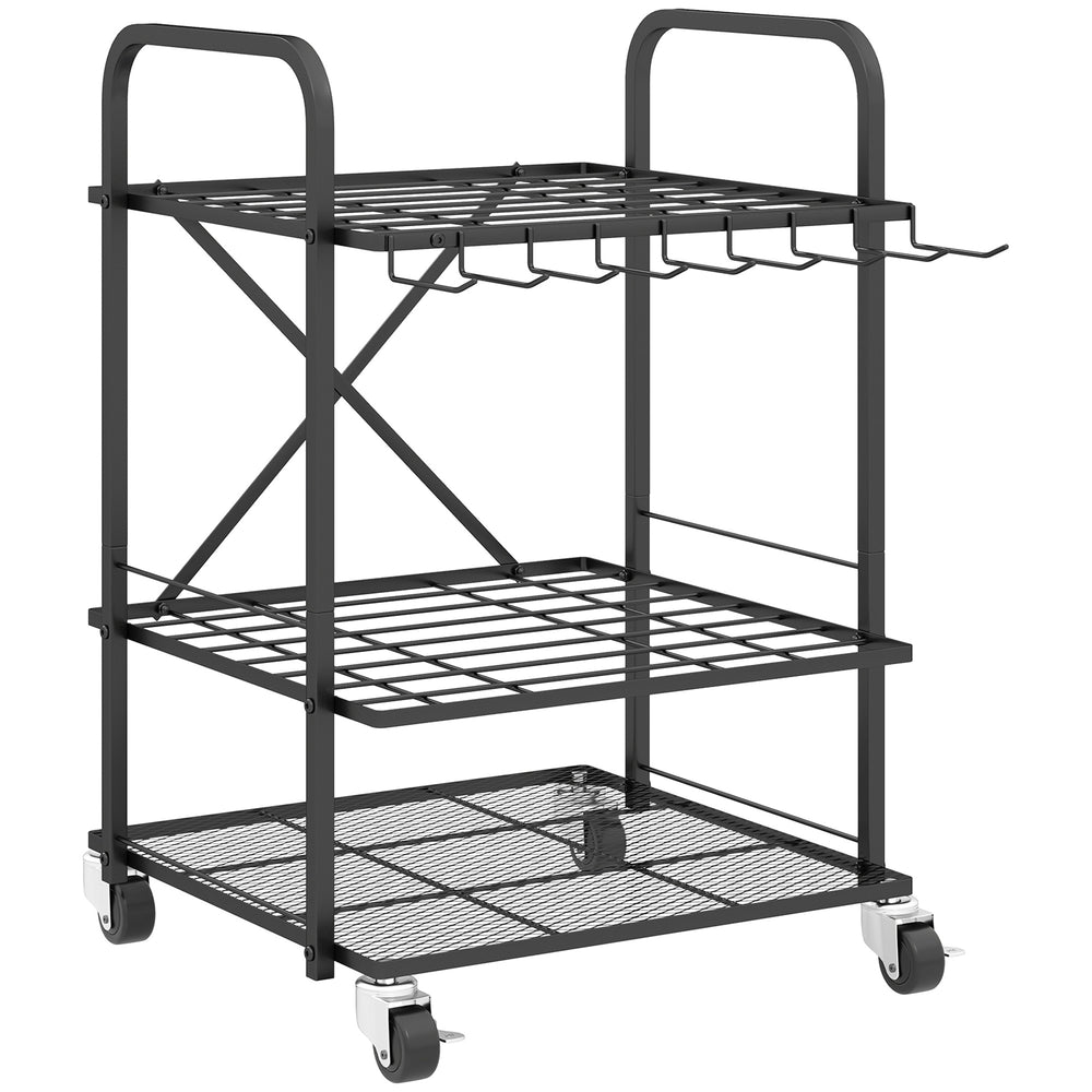 Organisateur d'outils de jardin avec 9 crochets, support à outils de jardin 40 compartiments, porte-outils de garage en métal sur roulettes pour sécateurs, pelles, râteaux, noir
