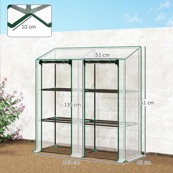Serre de jardin PE avec étagères 3 niveaux, serre de balcon, bâche renforcée 140 g/m², châssis en acier, 2 portes zippées enroulables, pour légumes plantes fleurs, 143x46x51cm, transparent