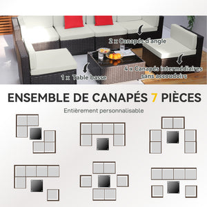 Ensemble salon de jardin 7 pièces modulables, coussins déhoussables inclus, table basse avec plateau verre trempé, en résine tressée, brun foncé