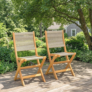 Lot de 2 Chaises de Jardin Pliantes en Bois d'Acacia FSC - Chaises de Balcon avec Dossier et Assise en Corde Tressée - Gain de Place, Aucun Assemblage Requis, Naturel et Beige