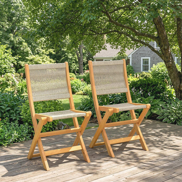 Lot de 2 Chaises de Jardin Pliantes en Bois d'Acacia FSC - Chaises de Balcon avec Dossier et Assise en Corde Tressée - Gain de Place, Aucun Assemblage Requis, Naturel et Beige
