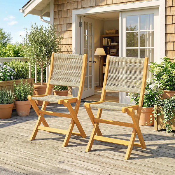 Lot de 2 Chaises de Jardin Pliantes en Bois d'Acacia FSC - Chaises de Balcon avec Dossier et Assise en Corde Tressée - Gain de Place, Aucun Assemblage Requis, Naturel et Beige