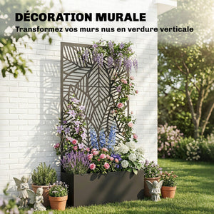 Jardinière avec treillis, bac à fleurs, lit surélevé avec brise-vue, pour plantes grimpantes, légumes, métal, intérieur et extérieur, 90 x 30 x 170 cm, noir